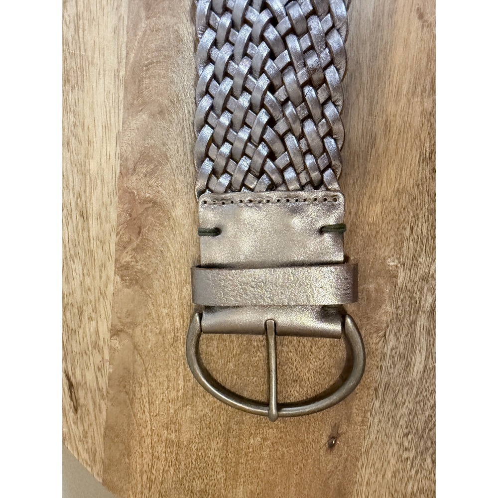 Gap Boho Metallic Silver Braided Leather Belt Wide Woven Womens Medium